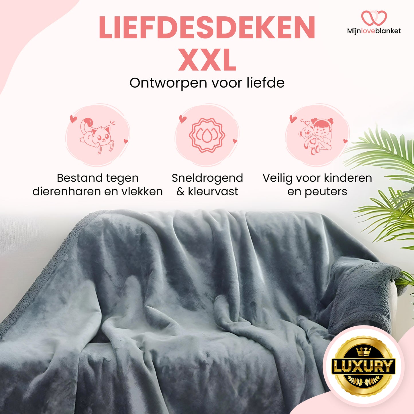 Love Blanket - Waterdicht Deken XL (145x216 cm) - Grijs