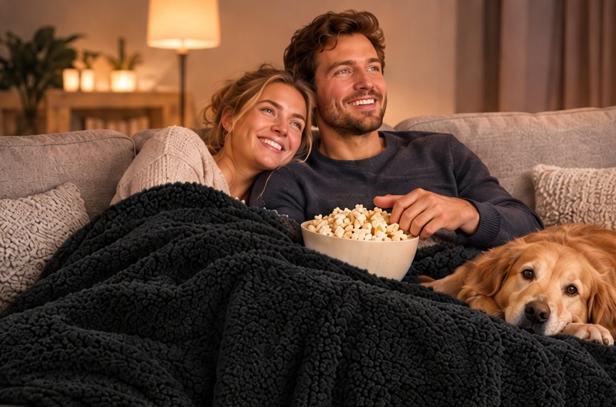 Stel met popcorn en hond op de bank onder de Love Blanket