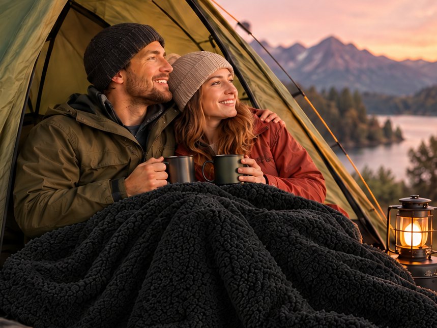 Stel in een tent onder de Love Blanket